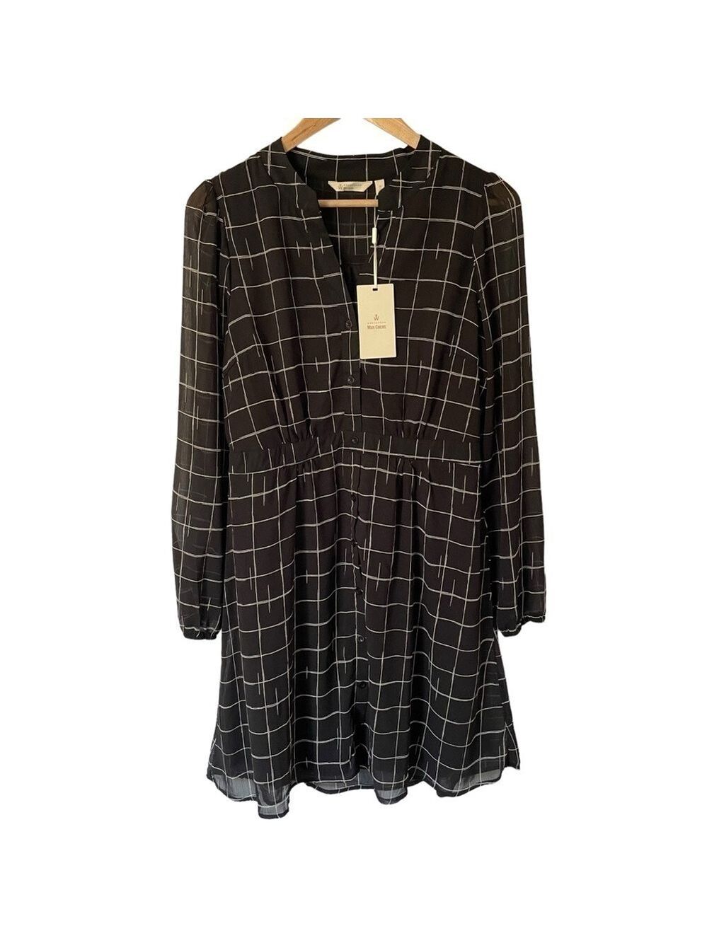 Max Cocos Long Sleeve Chiffon Dress Sz M Black White Check Office Career Casual